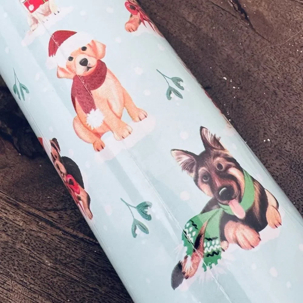 Christmas Holiday Dog Print Blue Gift Wrap Wrapping Paper Roll